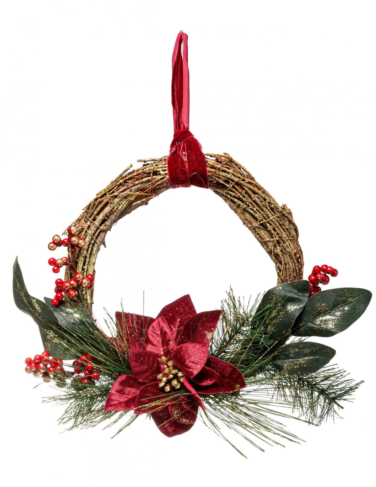 Corona para colgar con flor de poinsettia de navidad rojo y dorado con follaje y bayas