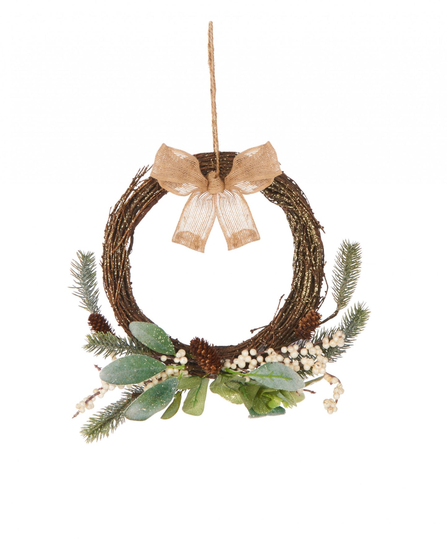 Couronne à suspendre naturelle eucalyptus avec petit nœud marron et baies blanches