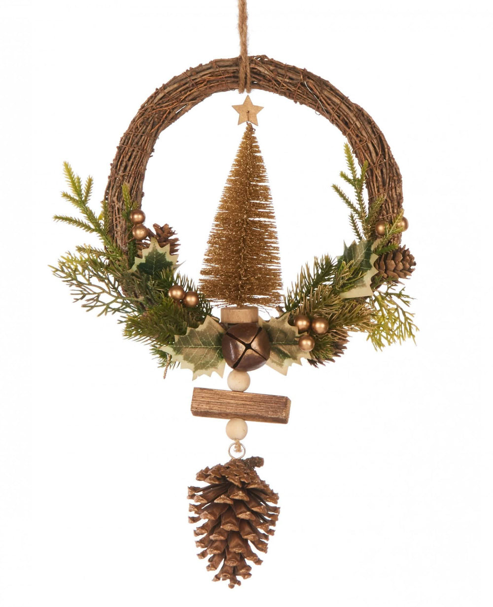 Corona dorada para colgar en el árbol para decoración de navidad con piñas
