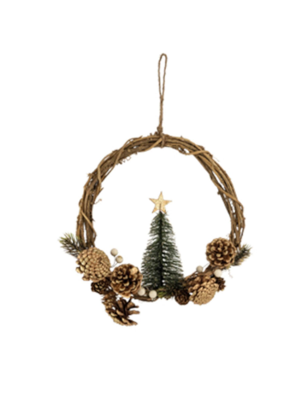 Couronne à suspendre de Noël avec sapin et pommes de pin dorées