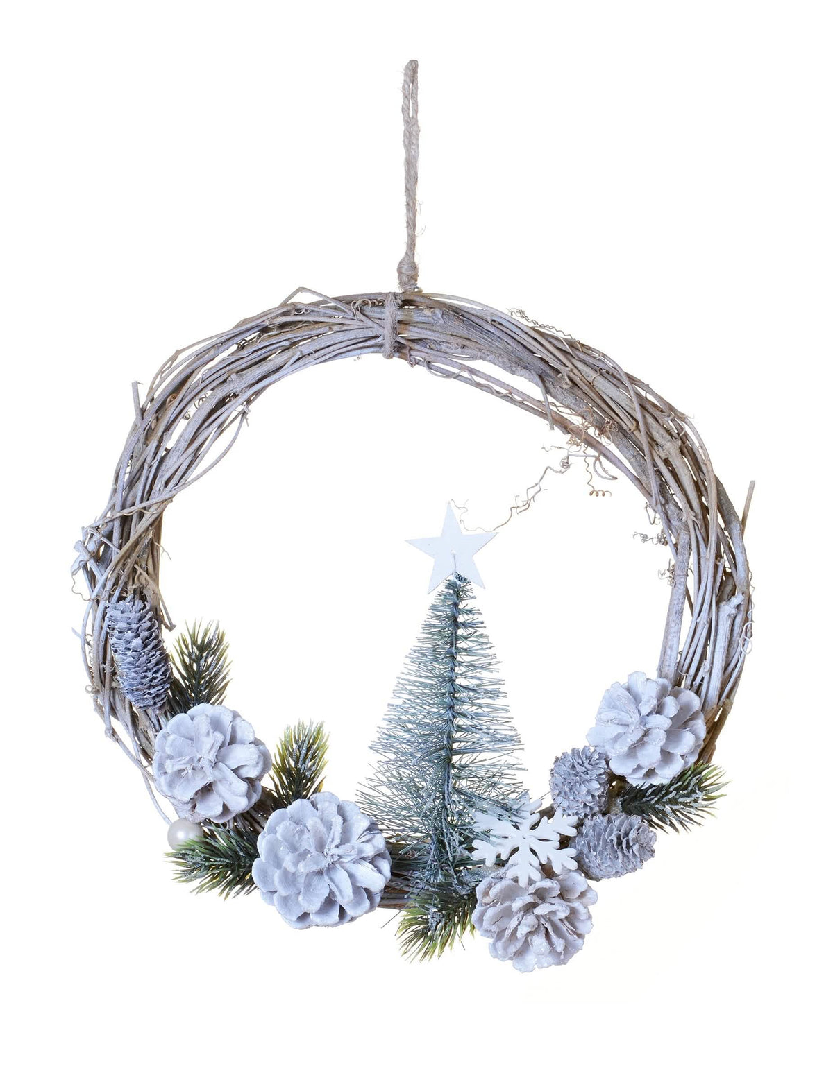Couronne à suspendre sapin et pommes de pin givrées naturelle et polaire