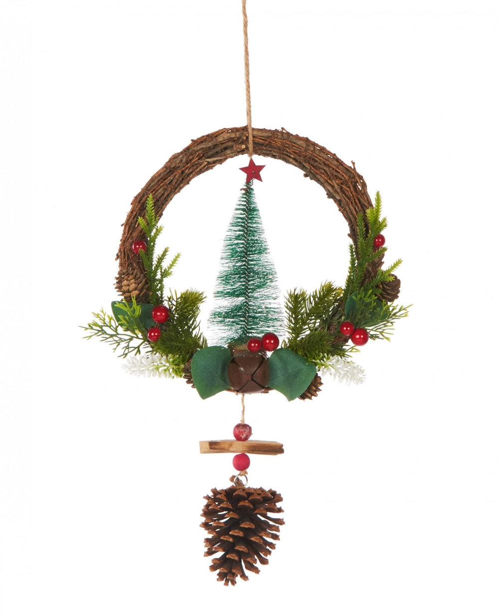 Corona para colgar de árbol tradicional y piñas para decoración de navidad verde marrón y rojo