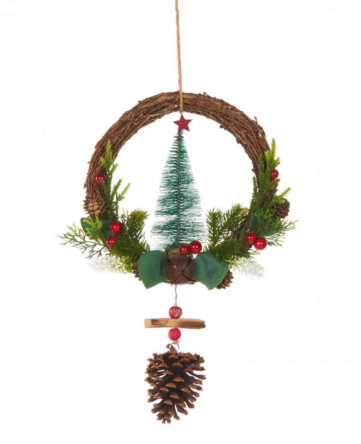 Corona para colgar de árbol tradicional y piñas para decoración de navidad verde marrón y rojo