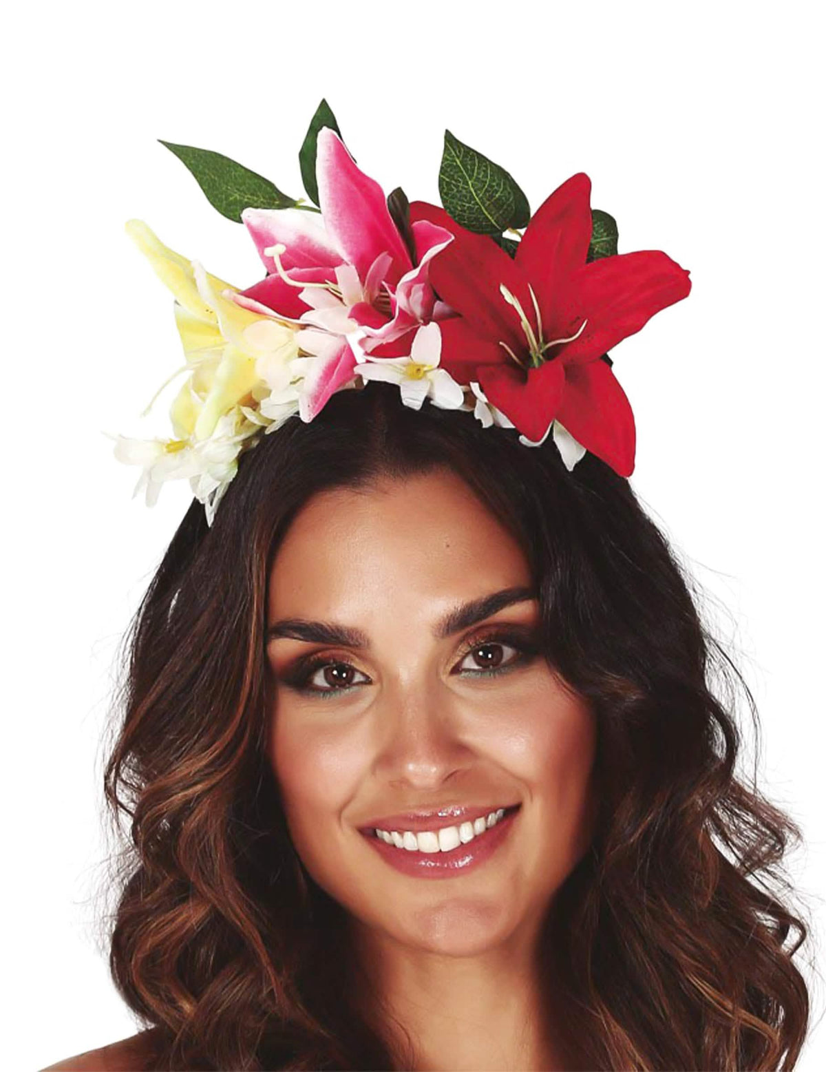 Corona de flores aloha para mujer multicolor con grandes lirios rojos, rosas y amarillos