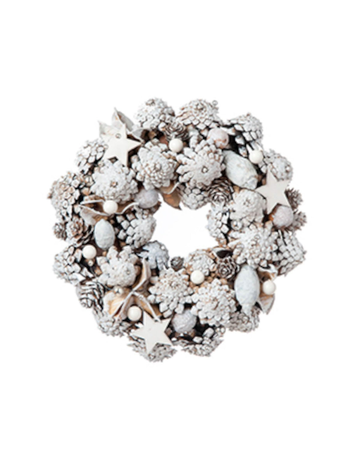 Couronne de noël enneigée pour décoration avec pommes de pin et baies blanches