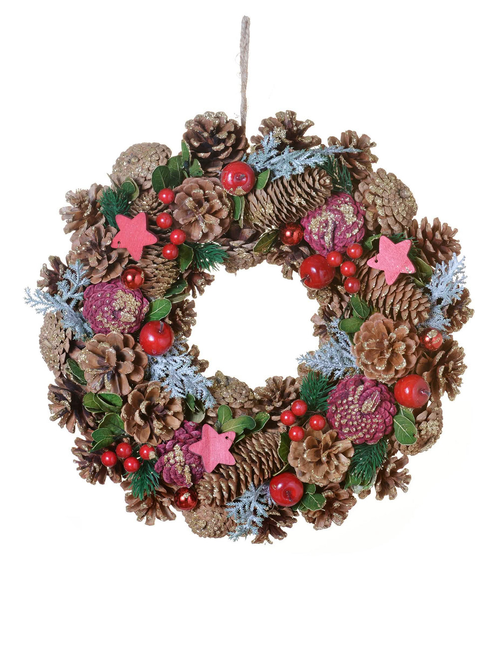 Corona de navidad natural tradicional marrón y rojo con piñas y estrellas