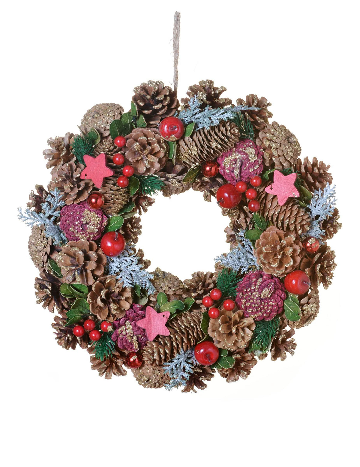 Corona de navidad natural tradicional marrón y rojo con piñas y estrellas