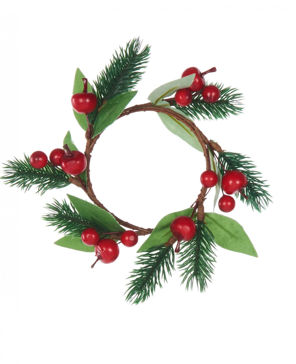 Couronne de Noël sapin et baies rouges pour centre de table vert et rouge