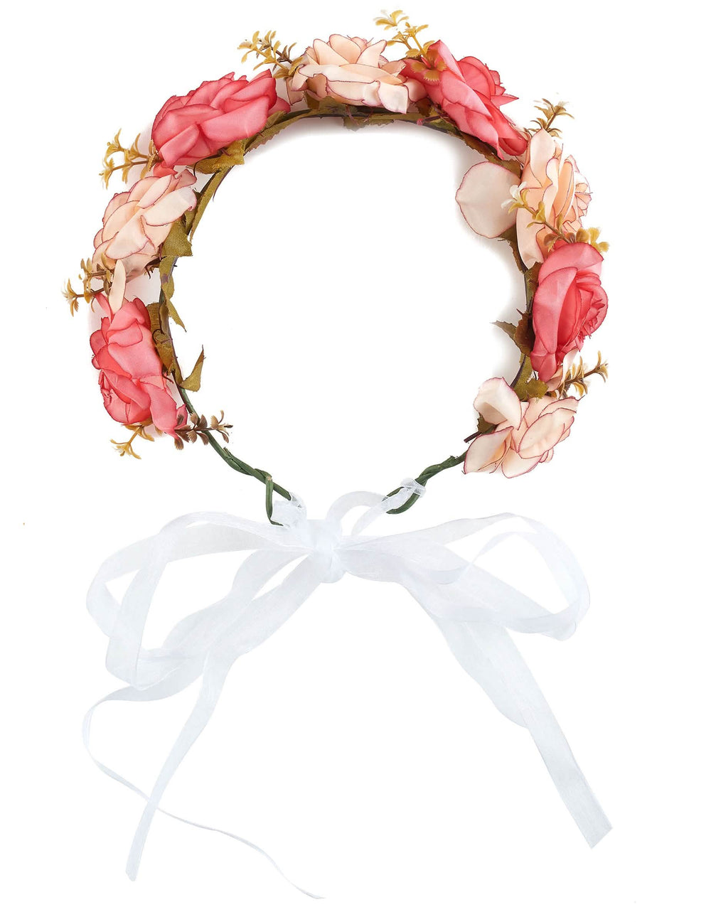 Detalle del lazo blanco de la corona de rosas y flores blancas para adulto