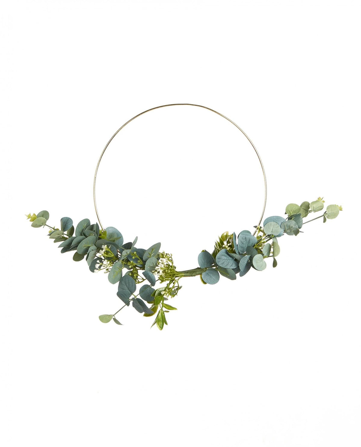 Corona de metal de eucalipto y flores blancas para decoración de círculo dorado