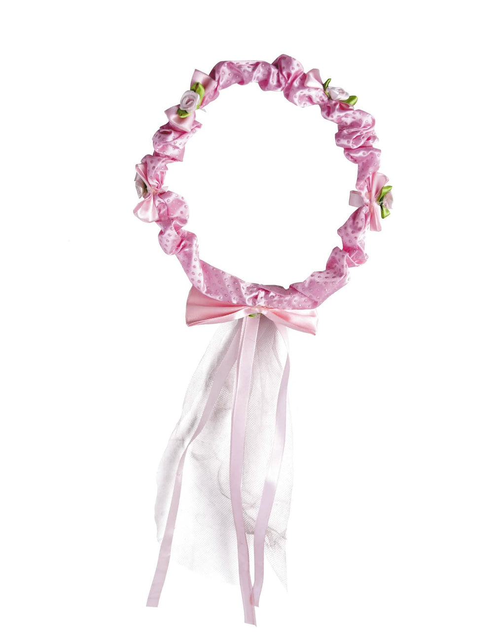 Corona de flores rosas para niña rosa con cintas y velo blanco