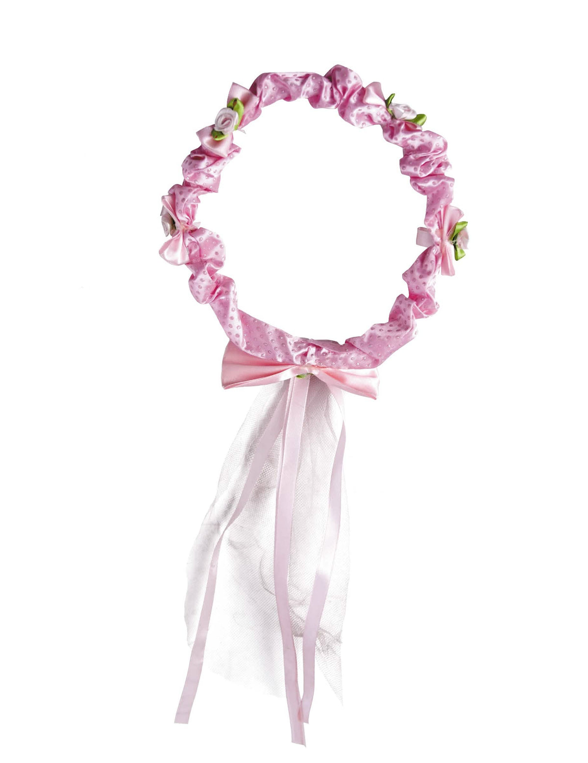Corona de flores rosas para niña rosa con cintas y velo blanco