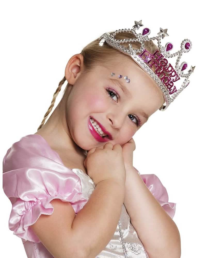 Corona Happy Birthday para niña plateada con strass rosas
