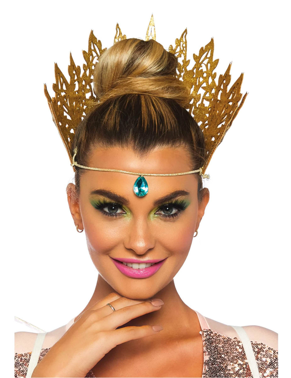 Corona de reina dorada sexy para mujer con joya turquesa