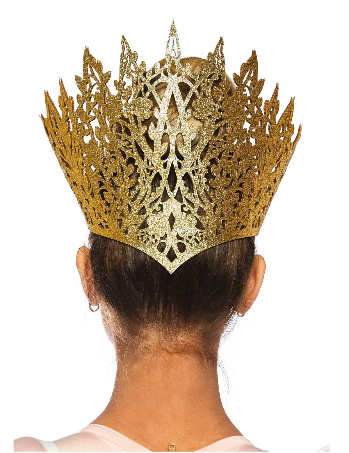 Vista trasera de la corona de reina dorada sexy para mujer