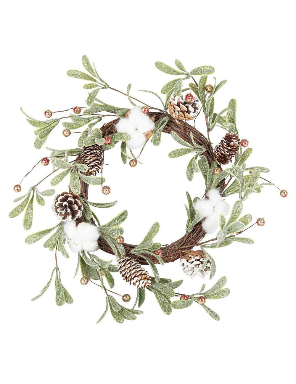 Corona vegetal con flores de algodón y piñas para decoración verde y blanca escarchada