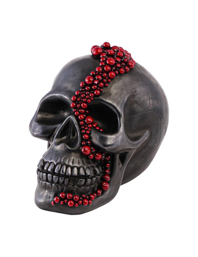 Cráneo decorativo de resina negro con perlas rojo sangre 15 x 23 x 18 cm