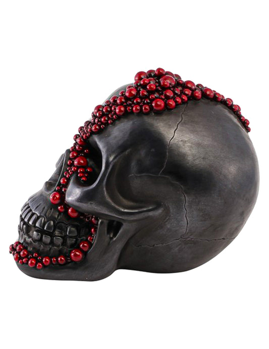 Cráneo decorativo de resina negro con perlas rojo sangre 15 x 23 x 18 cm