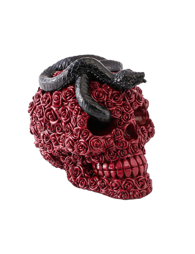 Calavera de resina con rosas rojas y serpiente negra 10,5 x 15 x 13 cm