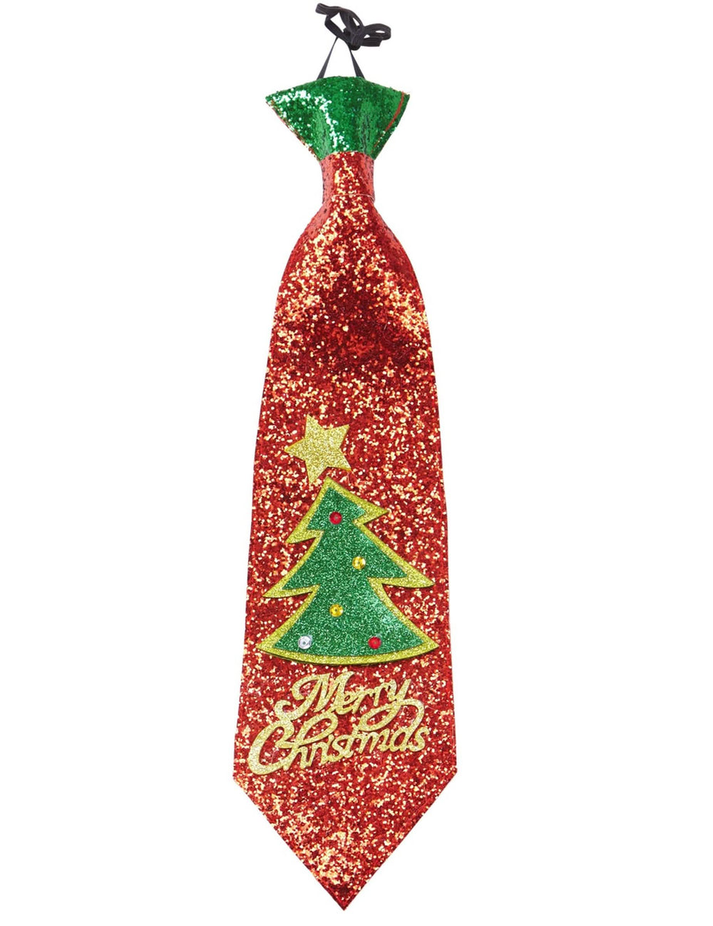 Détail du sapin et des paillettes de la cravate Merry Christmas