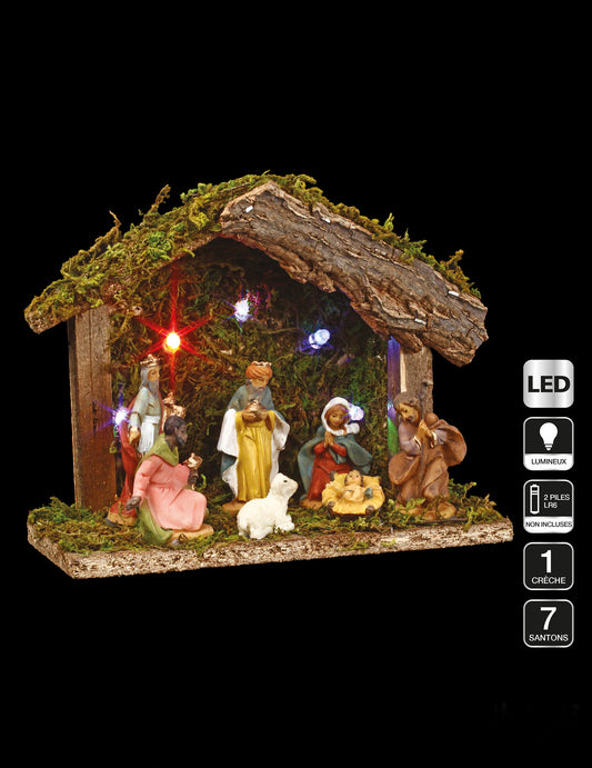 Vue d'ensemble avec détails techniques de la crèche lumineuse 7 santons