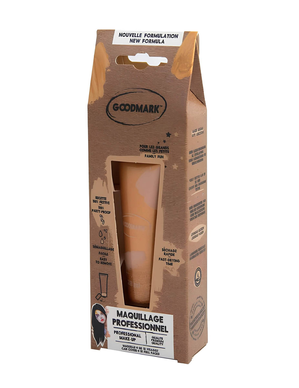 Vue de profil de l'emballage de la crème de maquillage à l'eau professionnel pour adulte et enfant