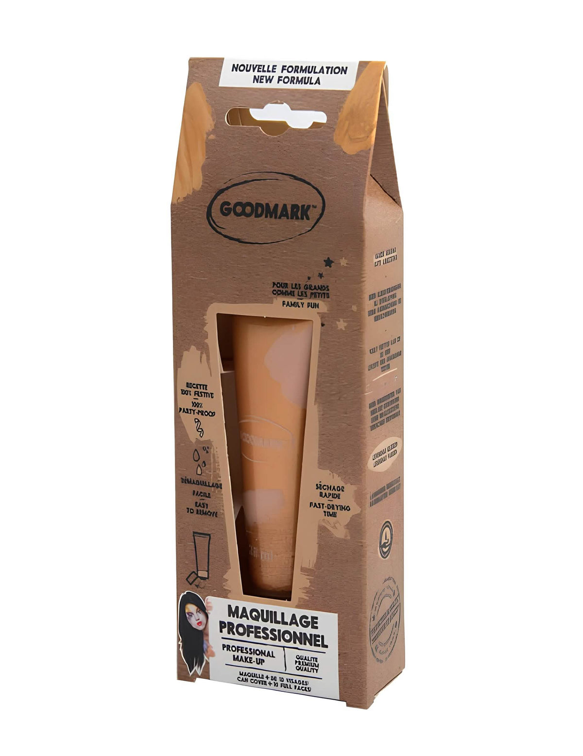 Vue de profil de l'emballage de la crème de maquillage à l'eau professionnel pour adulte et enfant