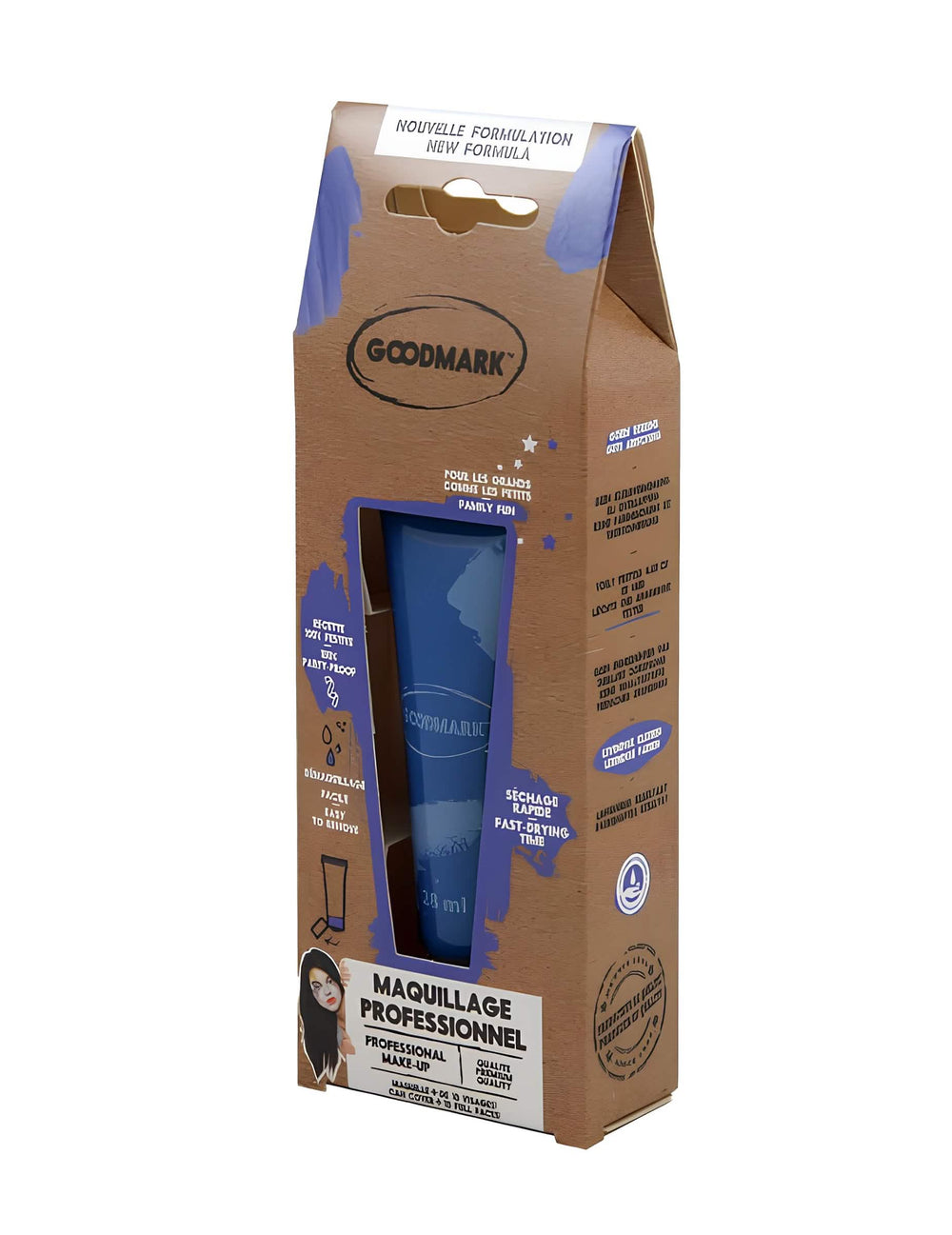 Vue de trois-quarts de l'emballage de la crème de maquillage à l'eau professionnel bleu