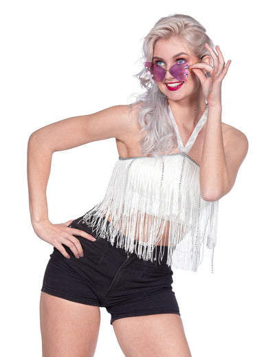Crop top festivo de mujer con flecos blanco