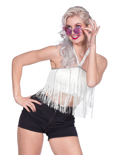 Crop-top festival à franges blanc femme