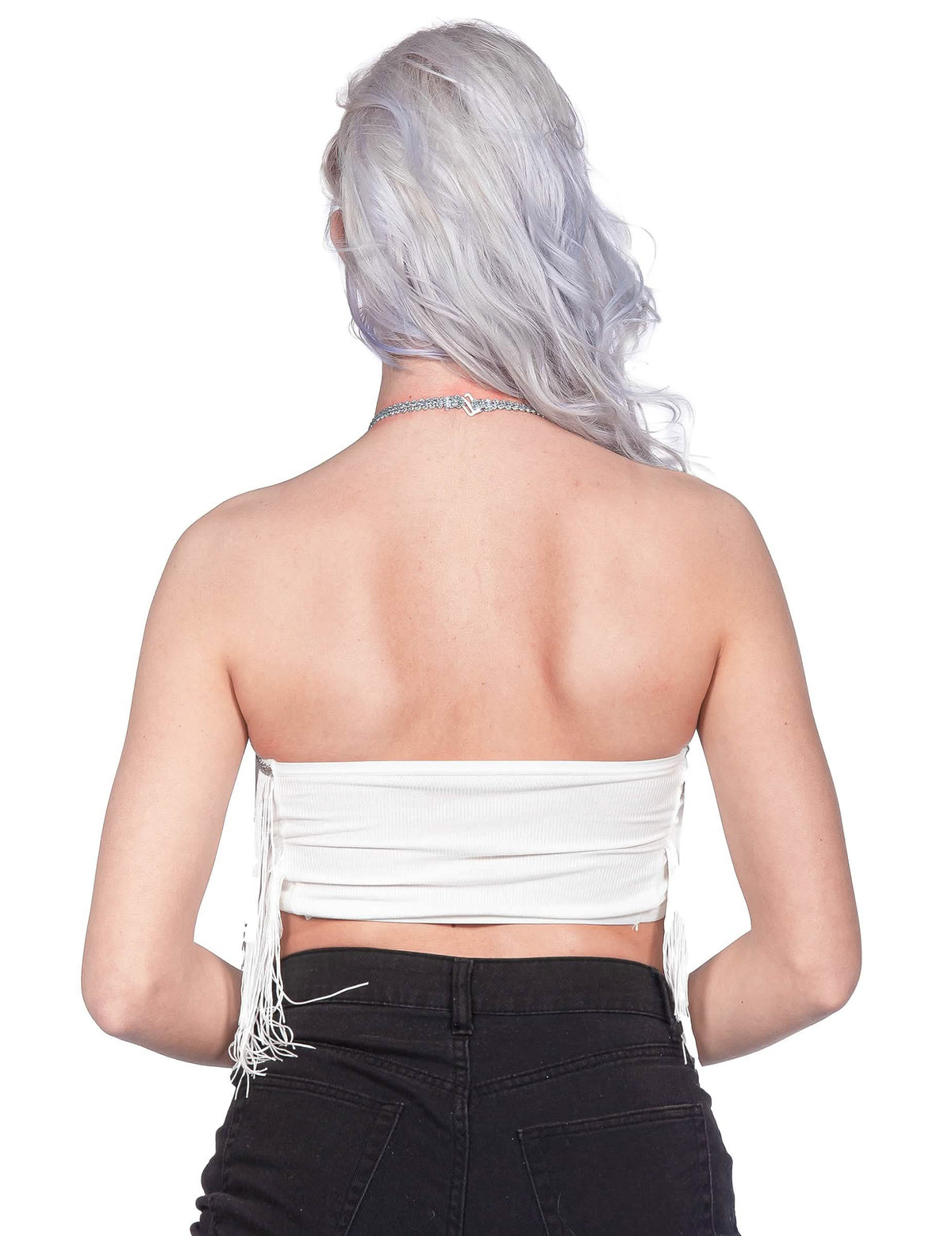 Crop-top festival de flecos blanco mujer
