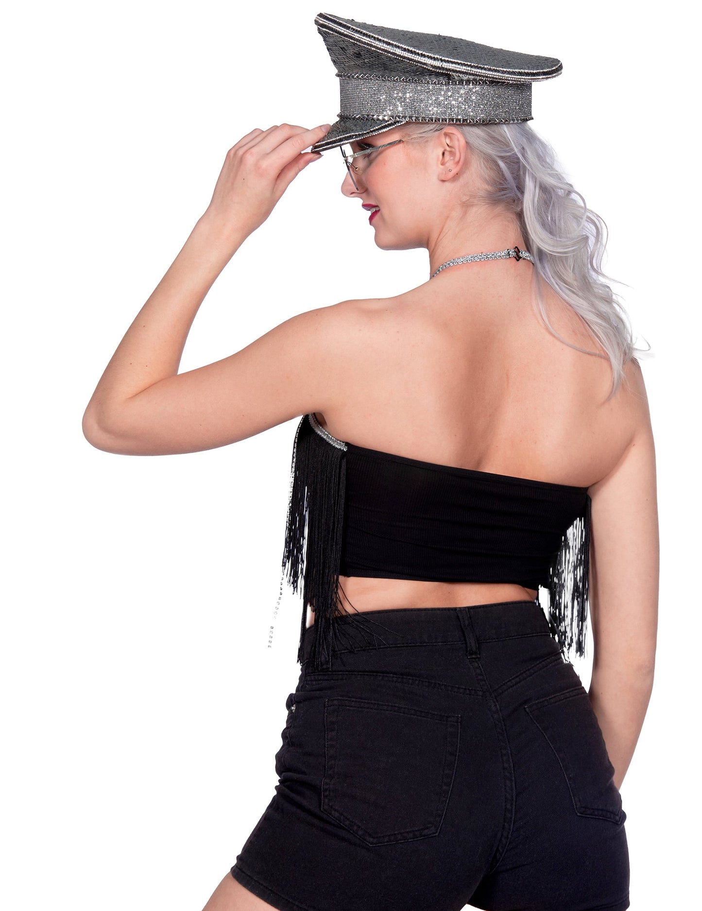Crop-top de festival con flecos negro para mujer