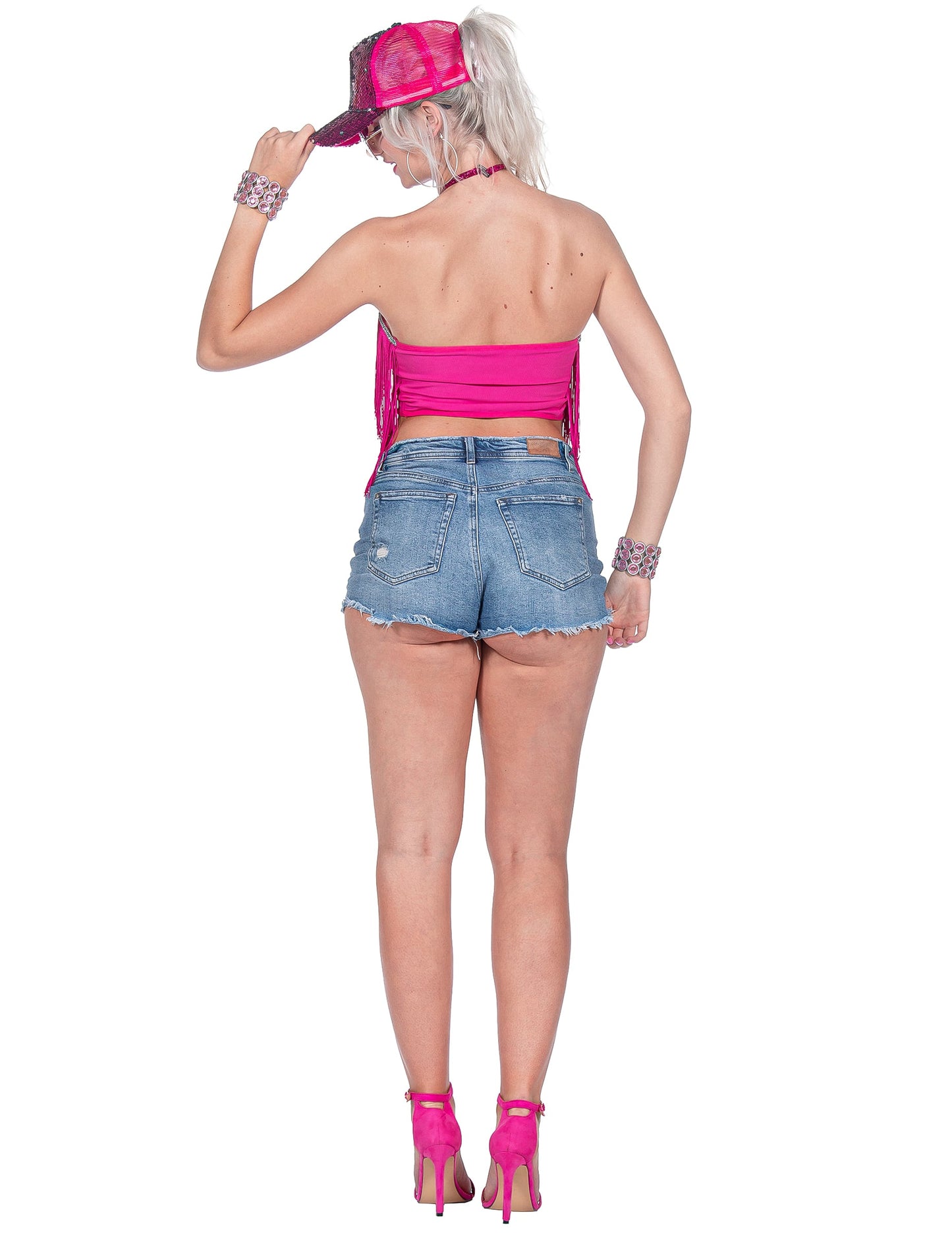 Crop-top de festival con flecos rosa para mujer