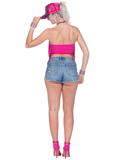 Crop-top de festival con flecos rosa para mujer