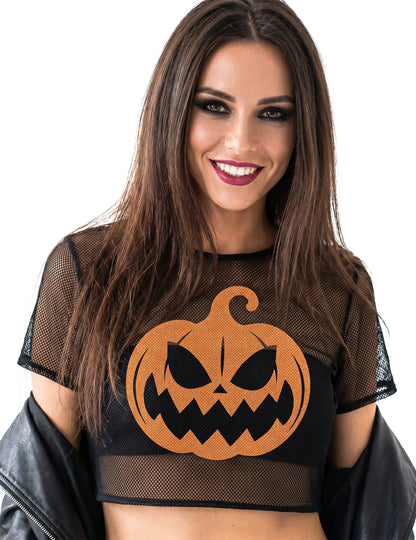 Crop top de rejilla negro con calabaza para adulto
