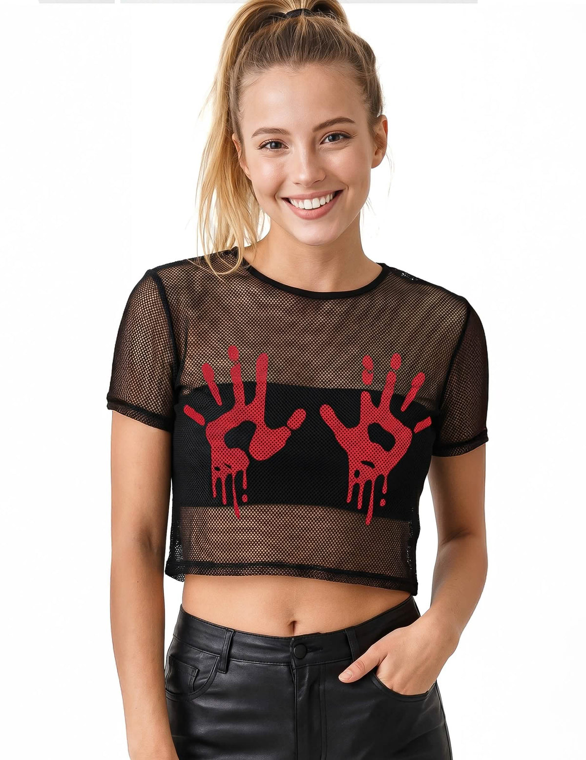 Crop top de rejilla negro con manos sangrientas para adulto