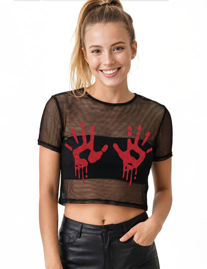 Crop top de rejilla negro con manos sangrientas para adulto