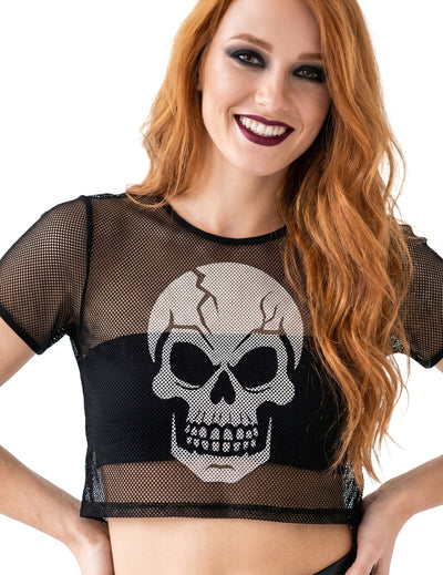 Crop top de rejilla negro con calavera para adulto
