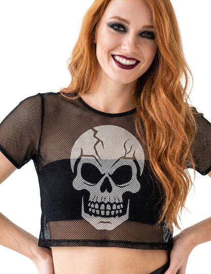 Crop top de rejilla negro con calavera para adulto