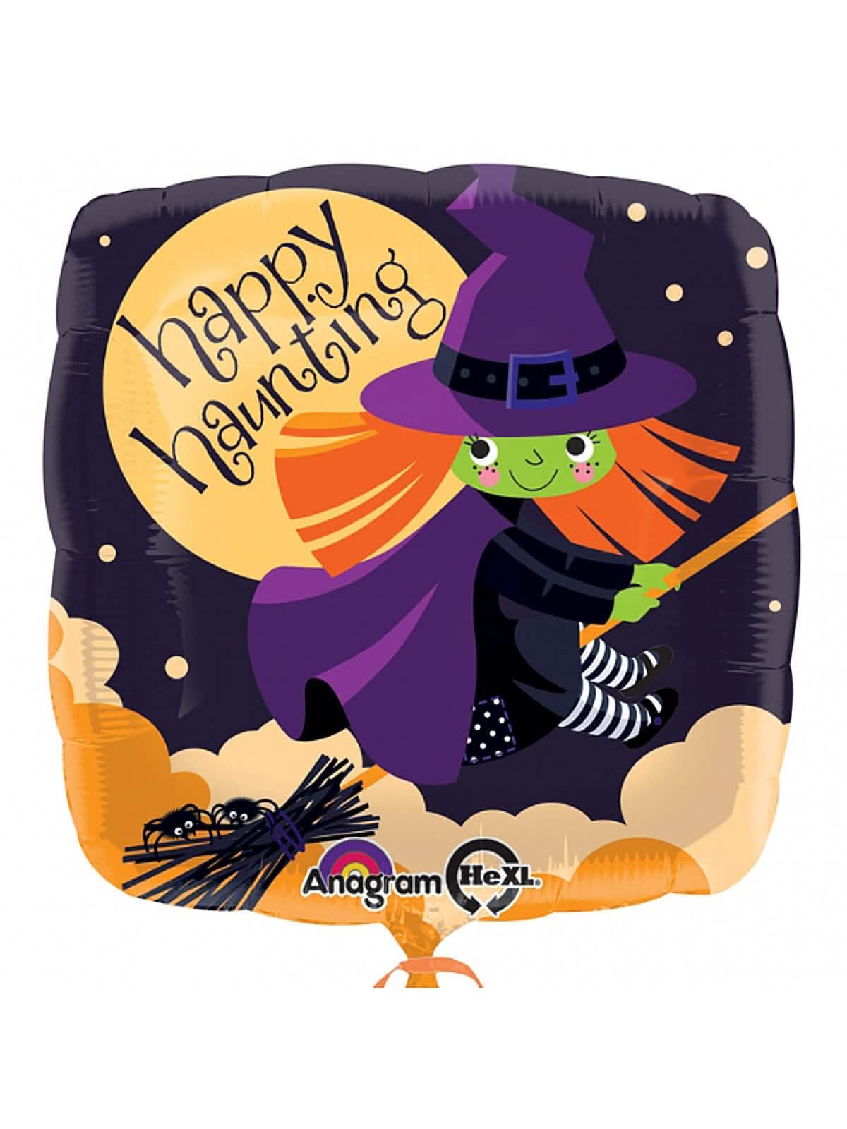 globo de aluminio de bruja para halloween violeta y naranja con la inscripción Happy Haunting