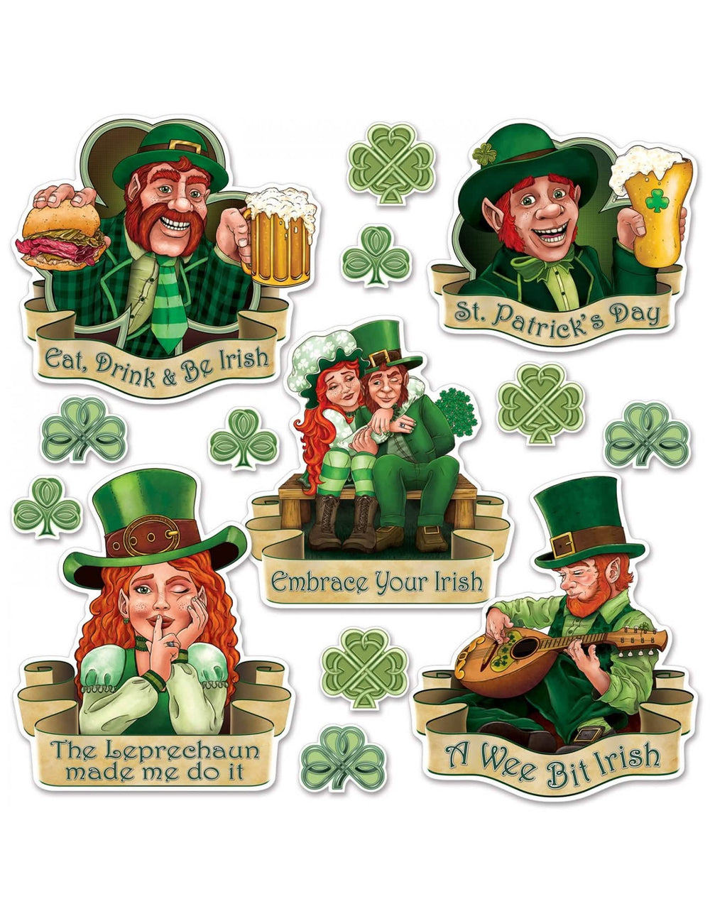 Cutouts en carton Saint Patrick pour décoration de fête vert avec illustrations de leprechauns