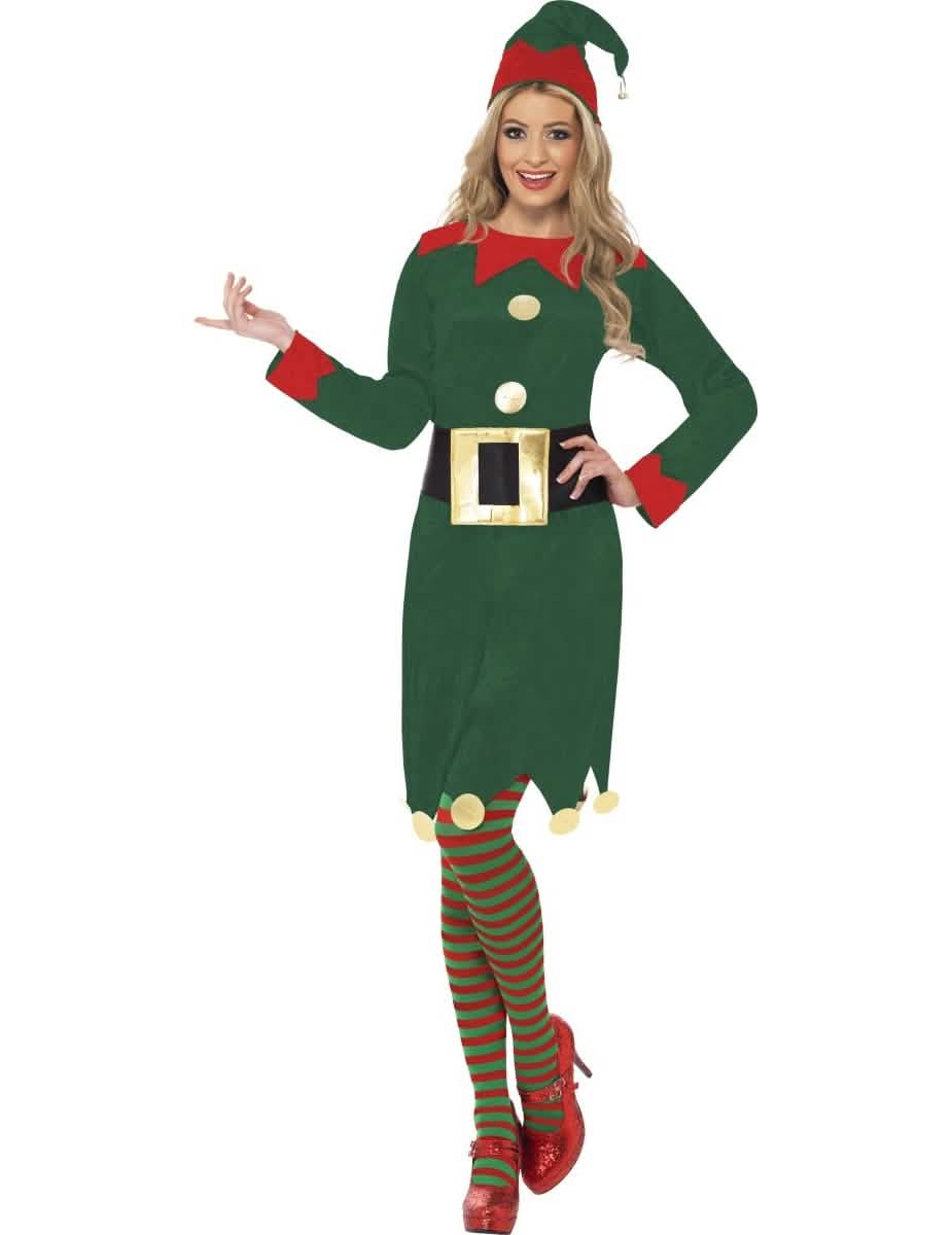 Déguisement d'elfe pour femme vert et rouge avec bonnet et collants rayés