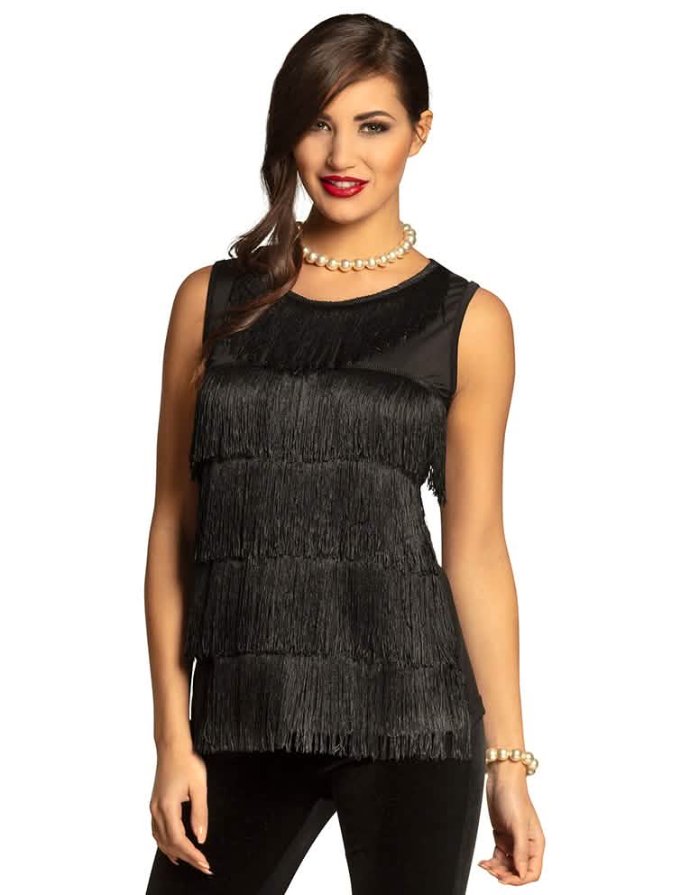 Top de tirantes con flecos para mujer negro
