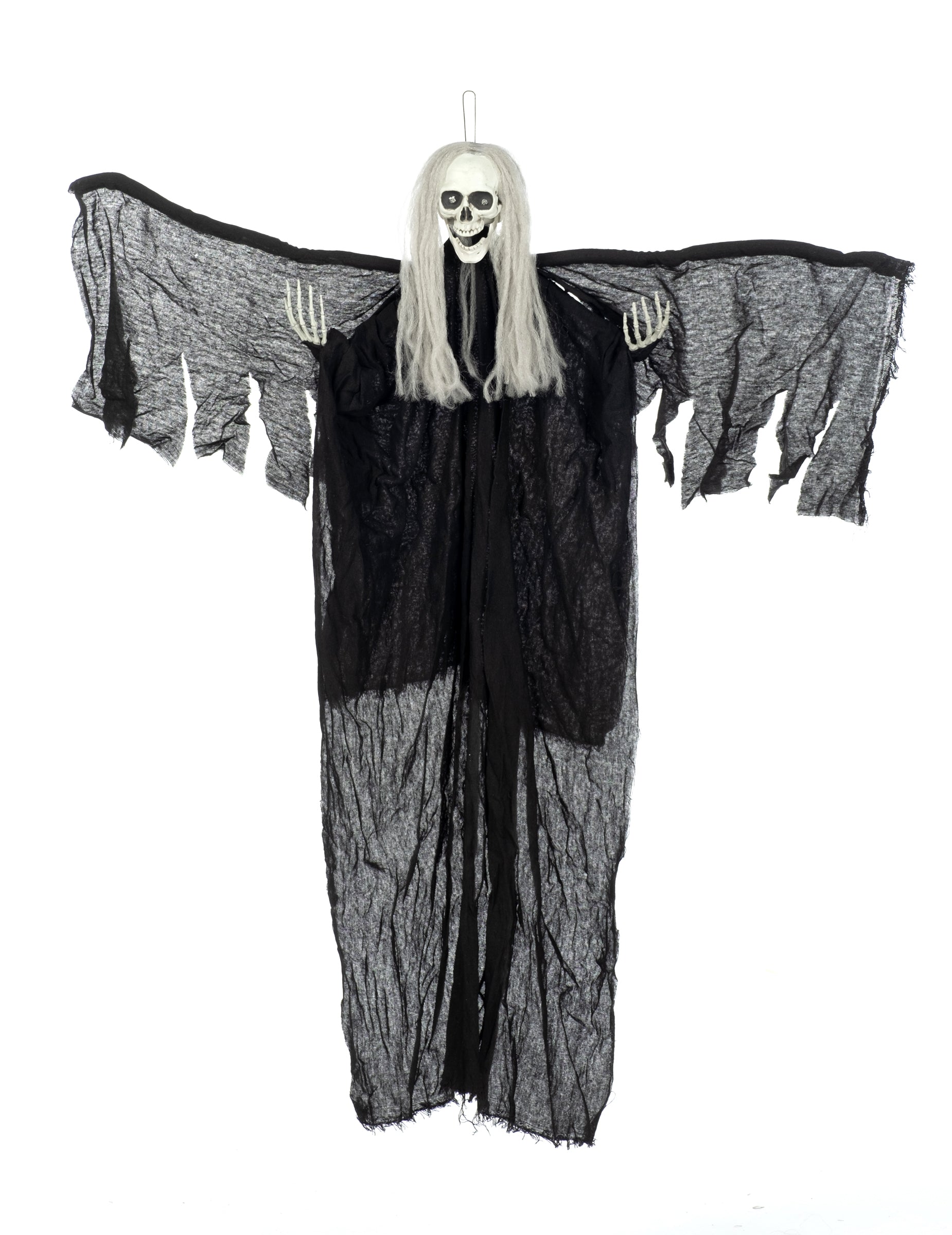 Vue d'ensemble avec bras écartés de la décoration à suspendre ange noir de la mort