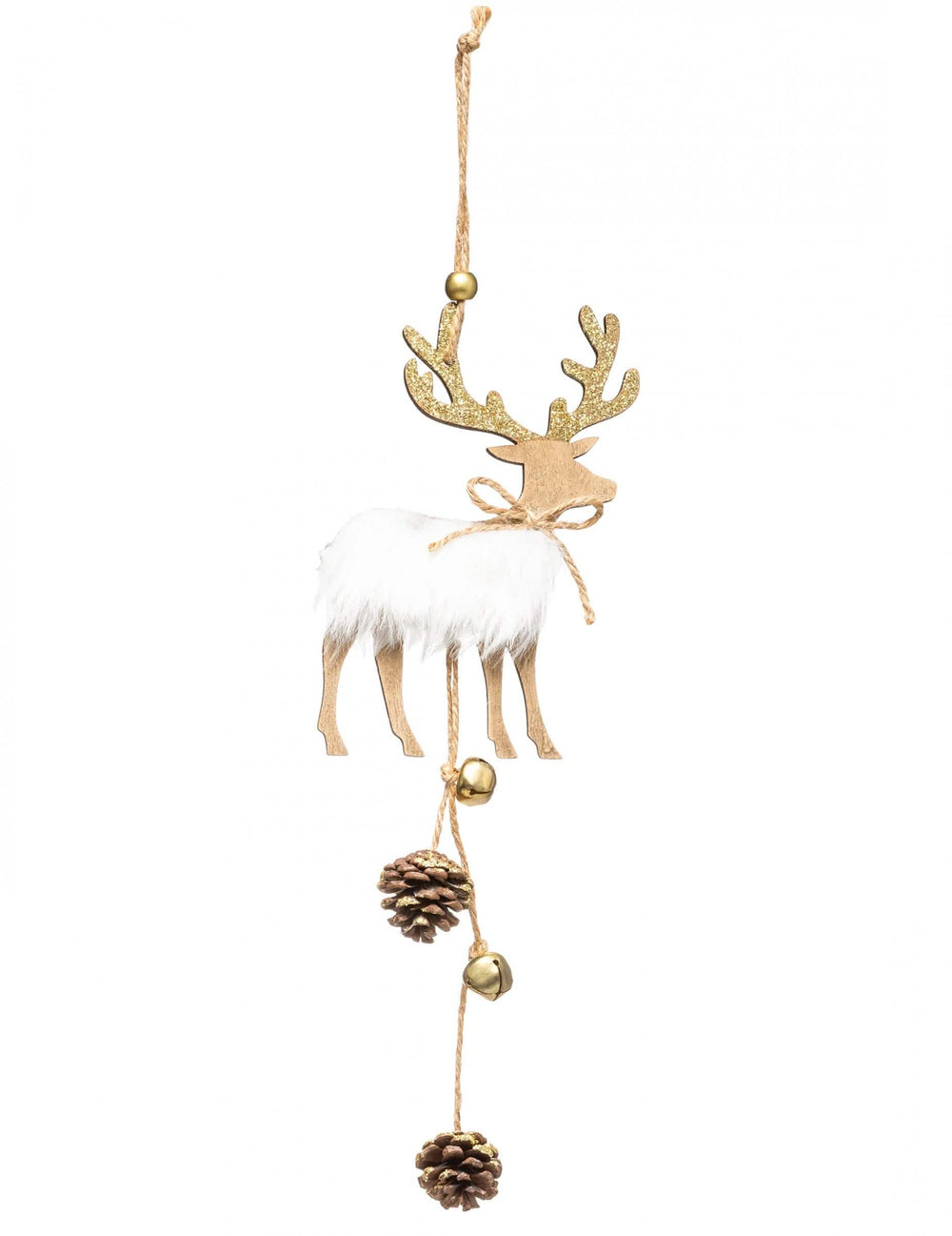Decoración para colgar de madera de reno para navidad blanco y dorado con pelaje