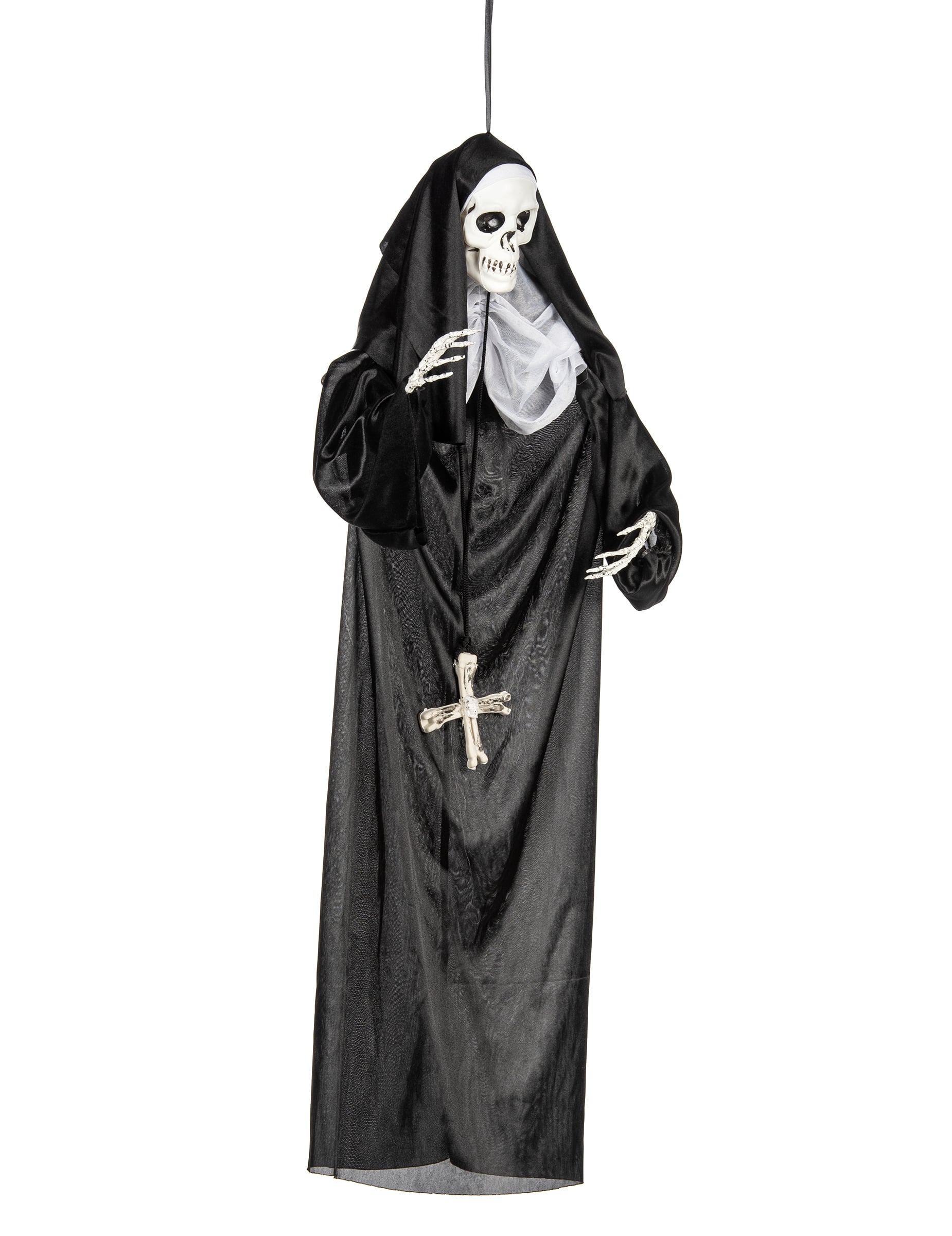 Décoration à suspendre nonne pour Halloween noire avec tête de squelette et croix d'os