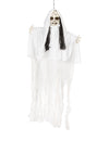 Décoration à suspendre poupée fantôme lumineuse blanche avec longs cheveux noirs et visage craquelé