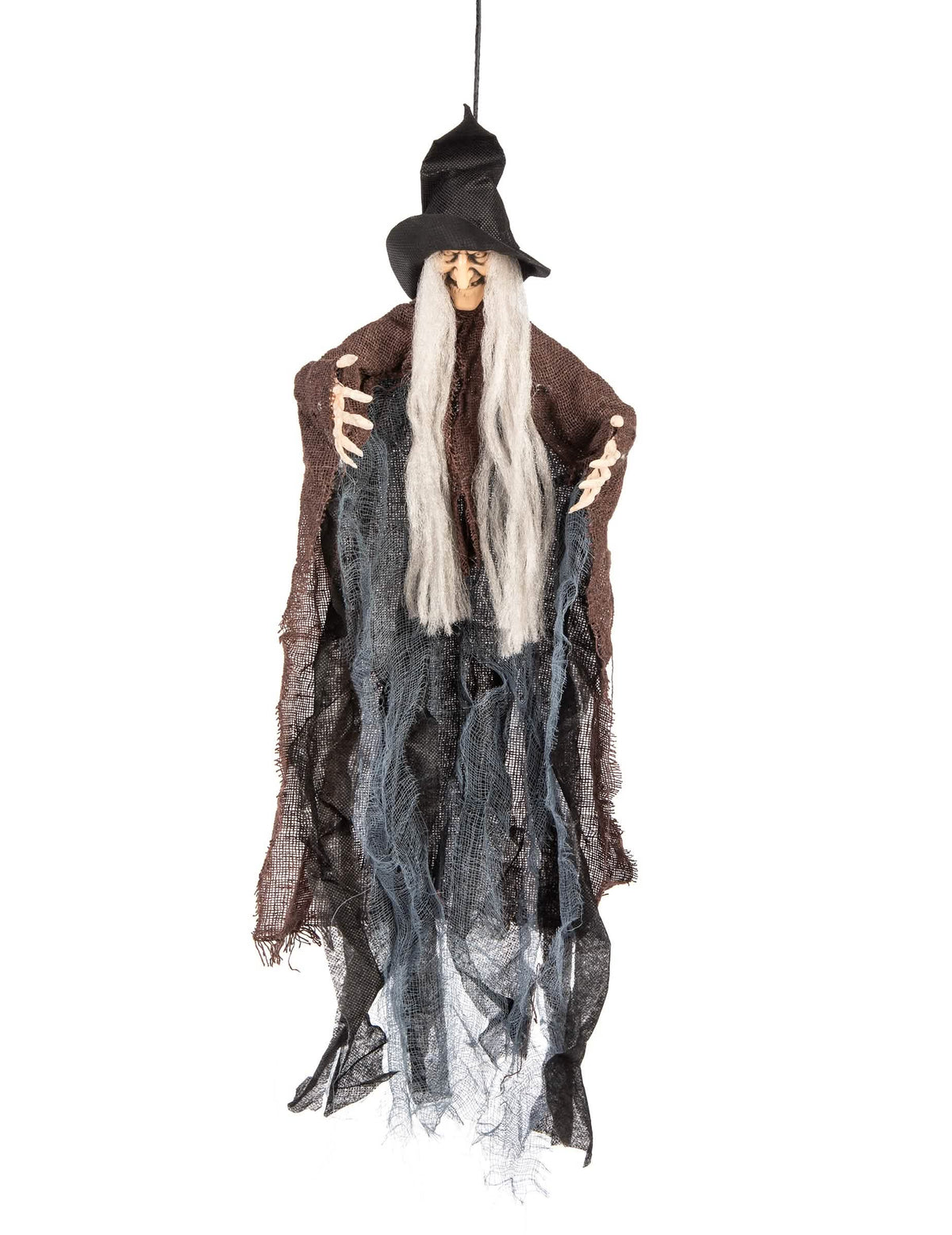 Décoration à suspendre sorcière pour Halloween marron et noir avec cheveux gris