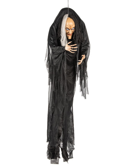 Vue de face de la décoration à suspendre sorcière pour Halloween noire et blanche