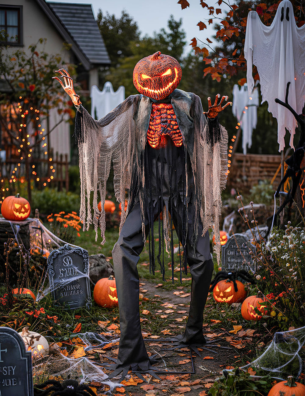 Décoration animée Citrouille démoniaque pour Halloween orange et noire avec mouvements et lumières